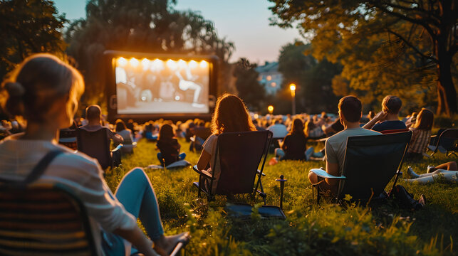 A bustling city park transformed into an enchanting outdoor cinema under the starry night sky.