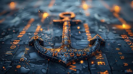 weathered anchor lying on a rain-soaked surface with illuminated text surrounding it, creating a dramatic and atmospheric scene.