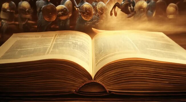 an ancient book of fairy tales, above it holograms of fighting knights	

