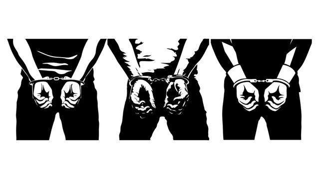 A man has his hands cuffed behind his back. Set of vector silhouette sketches in black color in flat art style