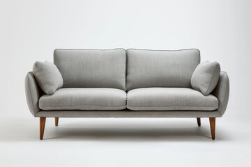 A modern grey sofa with two cushions, standing against a white background.