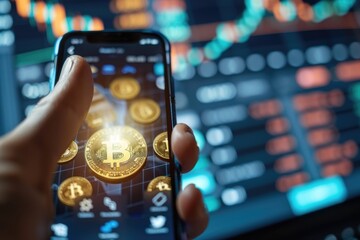 Golden bitcoins are placed on the smartphone screen. Modern digital currency and financial technology.