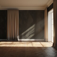 Obraz premium A room with a tan curtain and a tan wall. The room is empty and has a lot of natural light coming in through the window