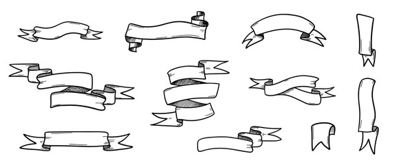 Vintage ribbon banner. Waving swirl flags. Tape for text, price tag, sale label, greeting cards or invitations decor. Hand drawn design element. Sketch style. Retro decoration vector isolated set