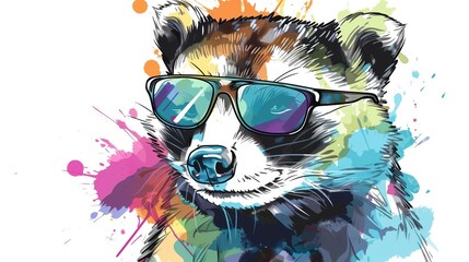 A cartoon style animal wearing sunglasses with a happy expression is depicted in a colorful ink painting style against a white background with clean lines and simple strokes. Generated AI