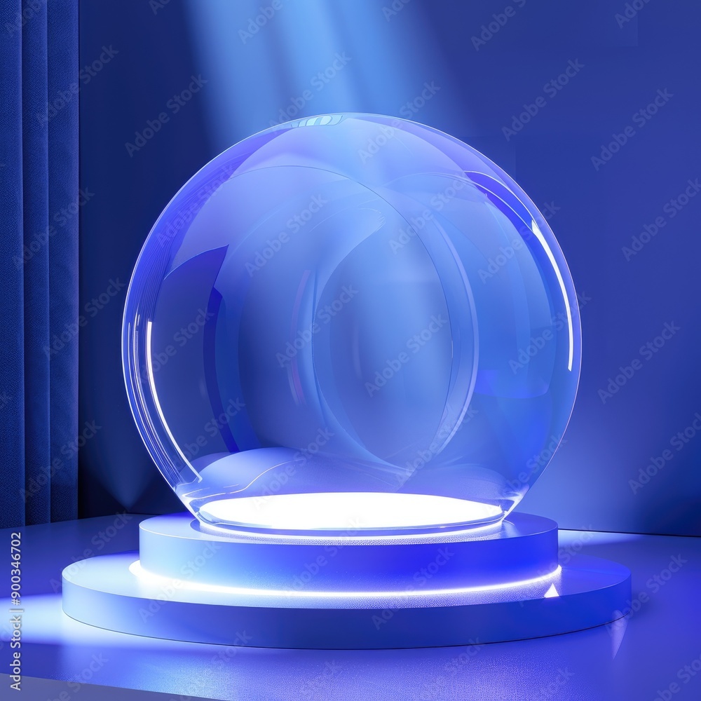 Poster modern neon circle light and podium in a minimalistic room for product placement display.