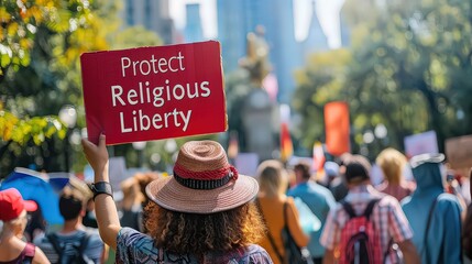 compelling image of a demonstrator holding a sign that reads "Protect Religious Liberty" set against the backdrop of a faith-based rally.