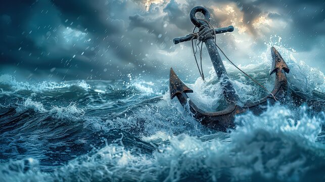  large anchor partially submerged in rough ocean waves under a stormy sky, symbolizing resilience.