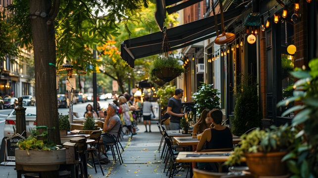 Vibrant sidewalk cafes bustling with customers enjoying al fresco dining in a lively outdoor scene.