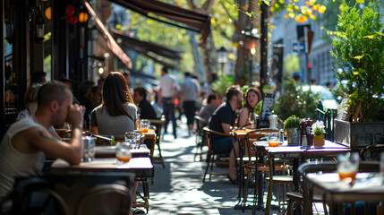 Vibrant outdoor scene with people dining at sidewalk cafes and restaurants on a sunny day.
