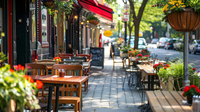 Charming outdoor dining scene with colorful umbrellas, sidewalk cafes, and people enjoying delicious food.