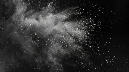 Big smoke with numerous dust particles, contrasted against a black background, illustrating a dense and chaotic scene.