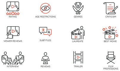 Vector Set of Linear Icons Related to Cinematography, Film´s Review and Cinema Industry. Mono line pictograms and infographics design elements