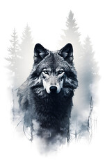 Naklejka premium double exposure wolf portrait moonlit forest