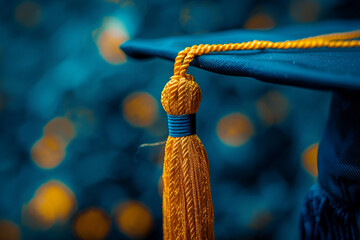 A bright, blurred background frames a close-up of a graduation cap with golden threads on the tassel, symbolizing the dreams of graduates wearing black caps as they embark on new beginnings.