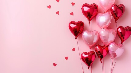 Valentine’s Day Red and pink heart balloons scattered on a pink background, creating a cheerful and romantic flat lay scene 