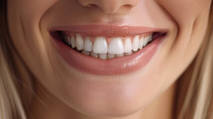 Obraz premium Close-up of a woman's lower face and radiant smile, showcasing satisfaction with dental clinic services, perfect for advertising enamel cleaning and whitening