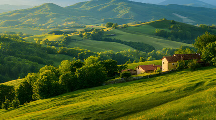 Obraz premium A serene countryside scene with gentle slopes, lush greenery, and a calm, tranquil atmosphere.