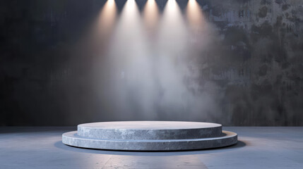 Create an image of an empty podium, beautifully lit with soft spotlights, set against a neutral background