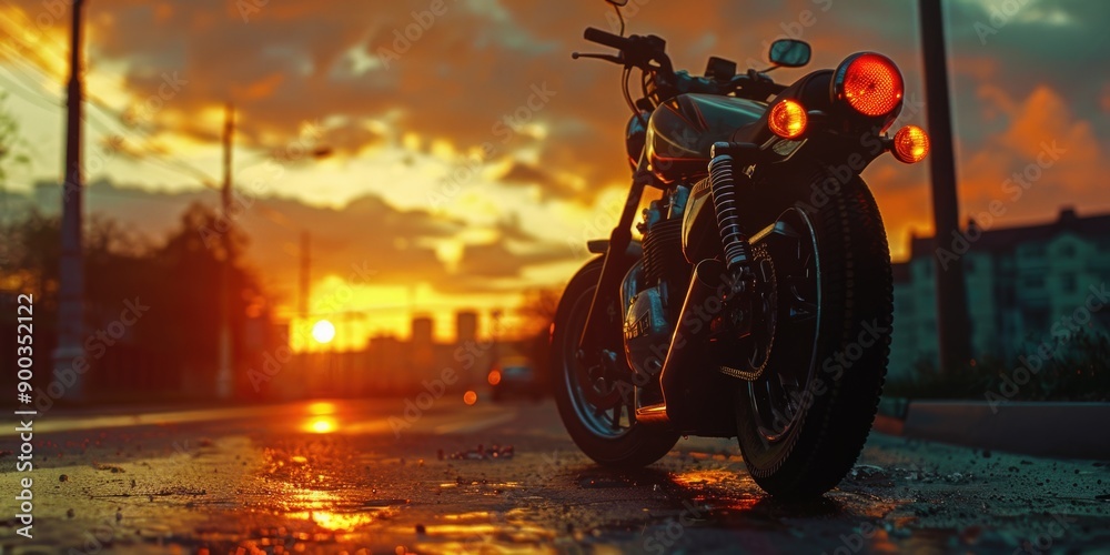 Poster A motorcycle parked on the side of a road at sunset