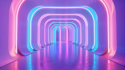 Naklejka premium A stunning 3D render of a white room with neon tubes in electric blue and hot pink, creating elegant overlapping wave patterns, ideal for a fashionable visual display