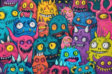 A group of bright and playful cartoon monsters gathered together