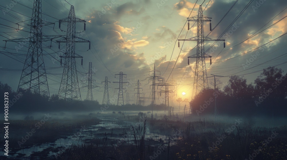 Poster a misty landscape with electrical towers in the distance, perfect for use in environmental or infras