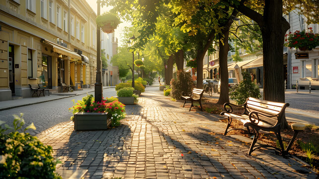 Lush, shaded streets lined with cozy benches create a pedestrian-friendly atmosphere for leisurely strolls.
