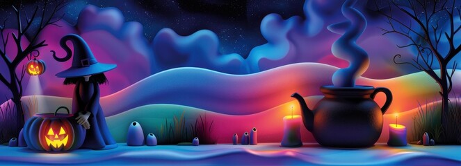Obraz premium A whimsical Halloween scene featuring a witch, glowing pumpkin, cauldron, and vibrant colors under a nighttime sky.