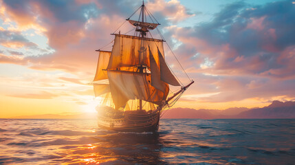 Fototapeta premium A majestic pirate ship with billowing sails braving the ocean waters in search of treasure.