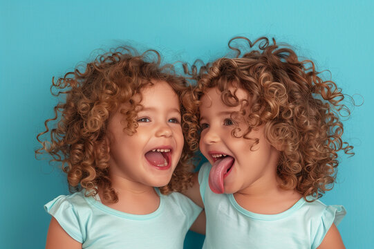 Two curly haired young twin sisters standing
