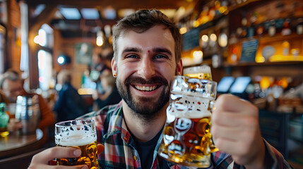 A man holding a mug of beer and German sausage smiles as he visits a bar or alehouse to unwind after a busy week, happily taking part in a celebration with beer and meat treats.