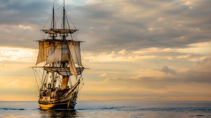 Obraz premium Majestic pirate ship on choppy waters, sails billowing as it searches for hidden treasure.