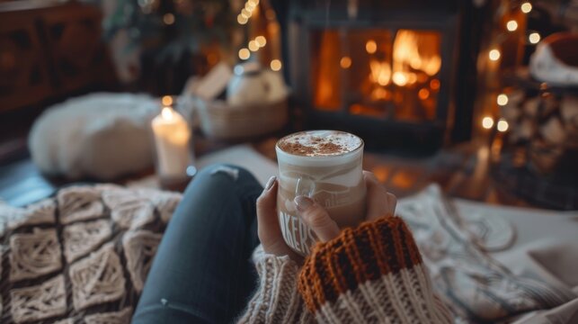 Cozy Winter Evening by the Fireplace with Warm Drink and Knitted Blanket
