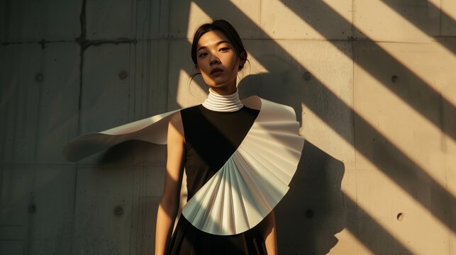 Editorial fashion photo of asian model wearing black and white trendy outfit, sophisticated uniform