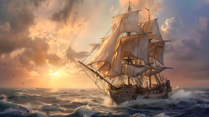 A pirate ship with Jolly Roger flag sails on turbulent waters under a stormy sky.