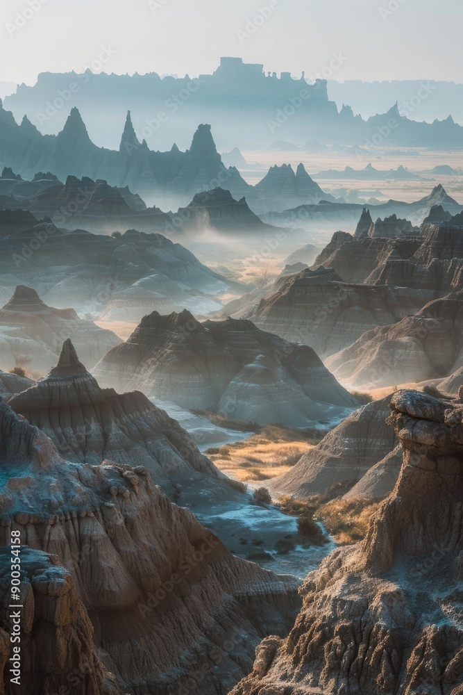 Poster a scenic view of a valley in the middle of a desert, with sand dunes and mountains in the background