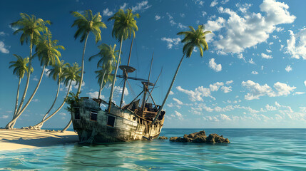 Abandoned pirate shipwreck slowly decaying on a remote island surrounded by crystal clear waters.