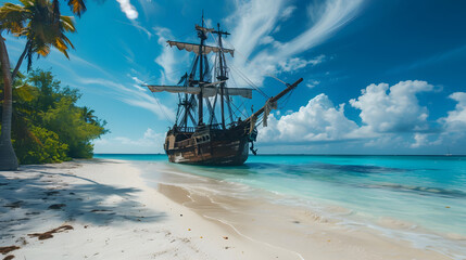 Naklejka premium A pirate ship lies abandoned on a sandy beach, surrounded by palm trees and rocks.