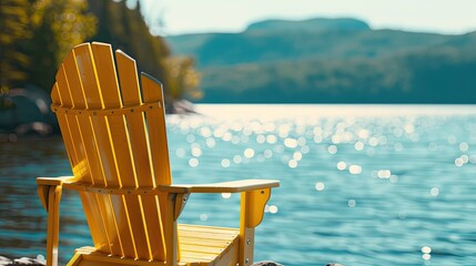 Serene close-up of a yellow Adirondack chair facing the blue lake waters on a calm Muskoka morning, perfect for relaxation and tranquility