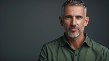 Obraz premium Serious middle-aged business executive in a green shirt, close-up headshot portrait on gray background, showcasing professionalism and leadership