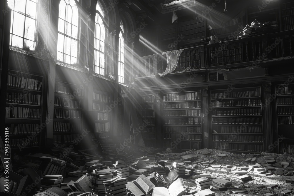 Poster room full of books and light shining through the window, black and white photo of an abandoned libra