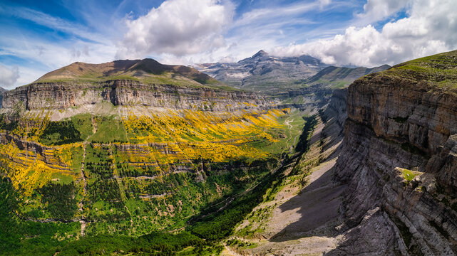 Spectacular view of the Ordesa valley with the highest peak in the background called Monte Perdido, in the Spanish Pyrenees.