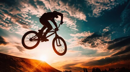 Obraz premium A man is riding a bike in the air, with the sun setting in the background