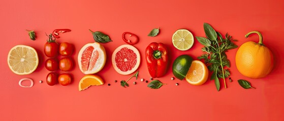 A vibrant assortment of fresh fruits and vegetables, neatly arranged on a red background, showcasing a colorful and healthy display.