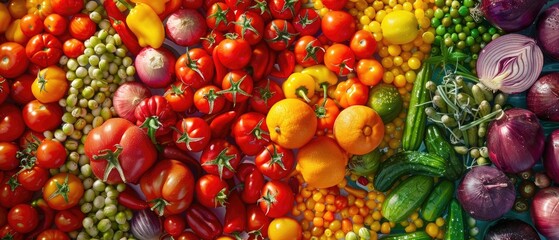 A vibrant assortment of fresh vegetables including tomatoes, peppers, peas, and onions, showcasing rich colors and varying textures.