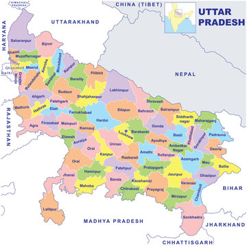 Detailed vector Illustration of Uttar Pradesh map State and District map with neighbour geographical map of Uttar Pradesh.