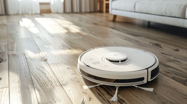 White robot vacuum cleaner scanning laminate wood floor, detecting walls and objects for optimized cleaning, creating a cleaning map