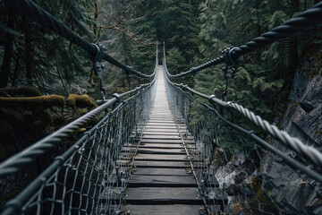 Suspension bridge swaying over gorge blending with nature