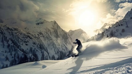 A snowboarder is riding down a mountain slope
